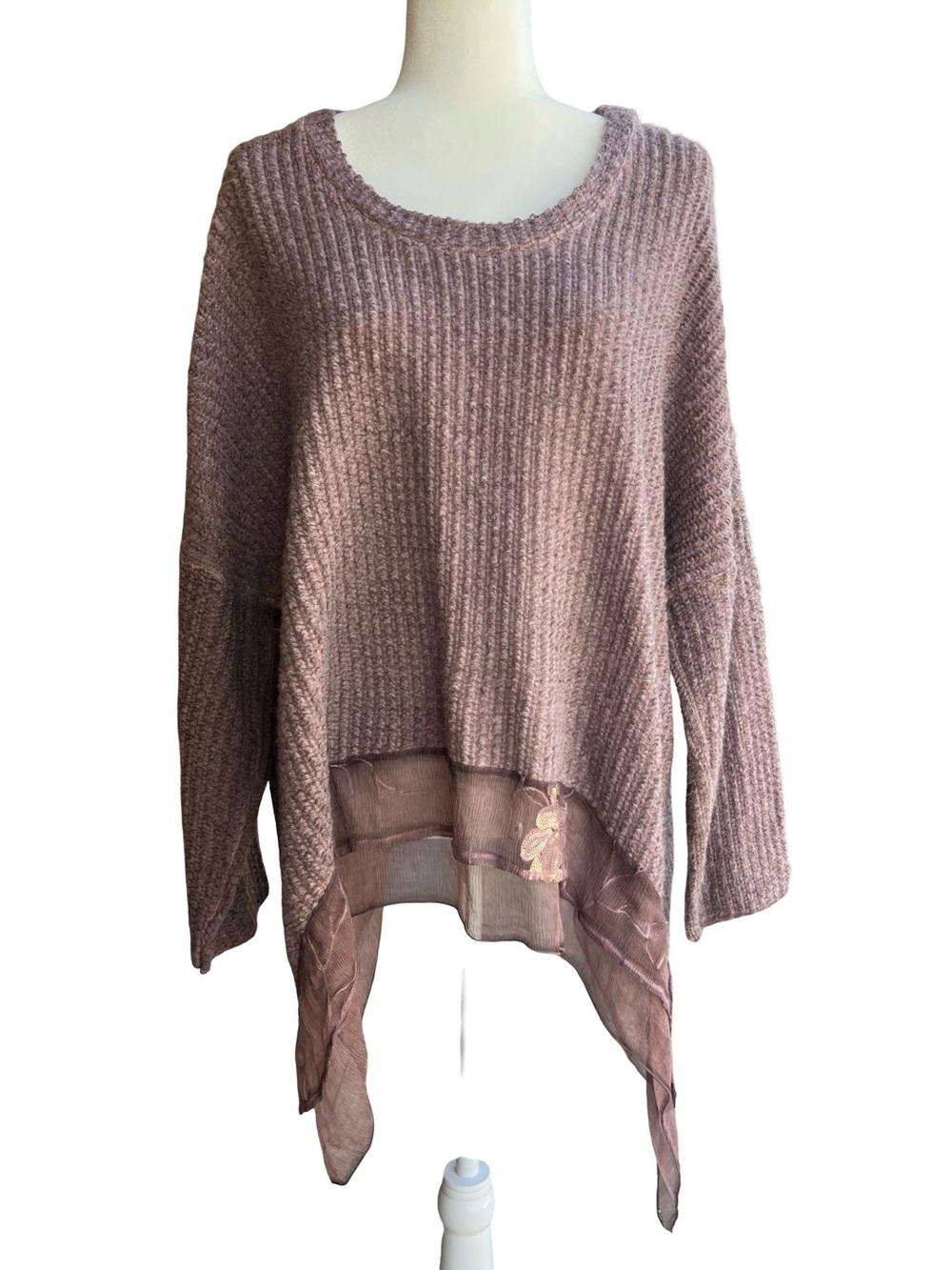 BELLE FRANCE Lagenlook Mauve Sweater Italy-Made Mohair Silk Artsy Boho Luxe Sz L